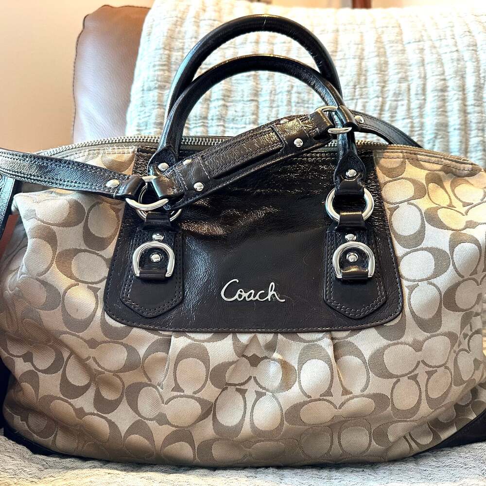 Coach Ashley Signature Sateen Satchel Khaki and Mahogany Handbag F15443